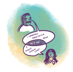 web-inset-learn Two people chat, shown in illustrated format.