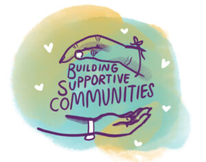 Building supportive communities is drawn over digital watercolor. Hands circle it.